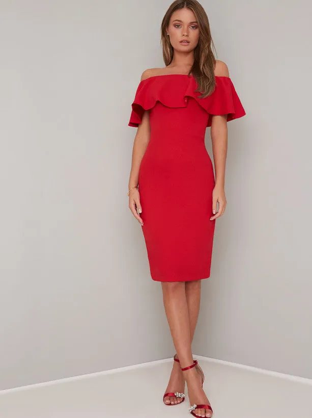 Bandeau Frill Midi Dress in Red sold by Chi Chi London
