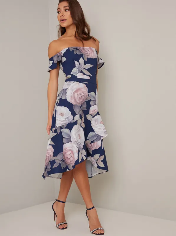 Bardot Frill Sleeve Print Dip Hem Midi Dress in Blue made by Chi Chi London