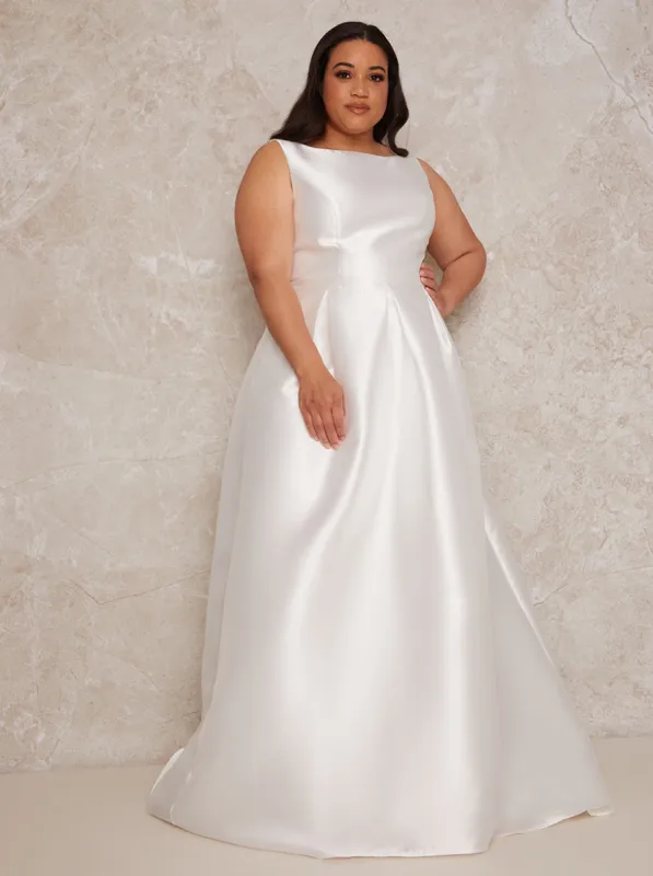 Plus Size Sleeveless Satin Bridal Dress with Train in White made by Chi Chi London