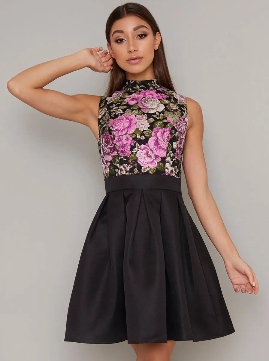 Jaquard Floral Print Mini Dress in Black sold by Chi Chi London