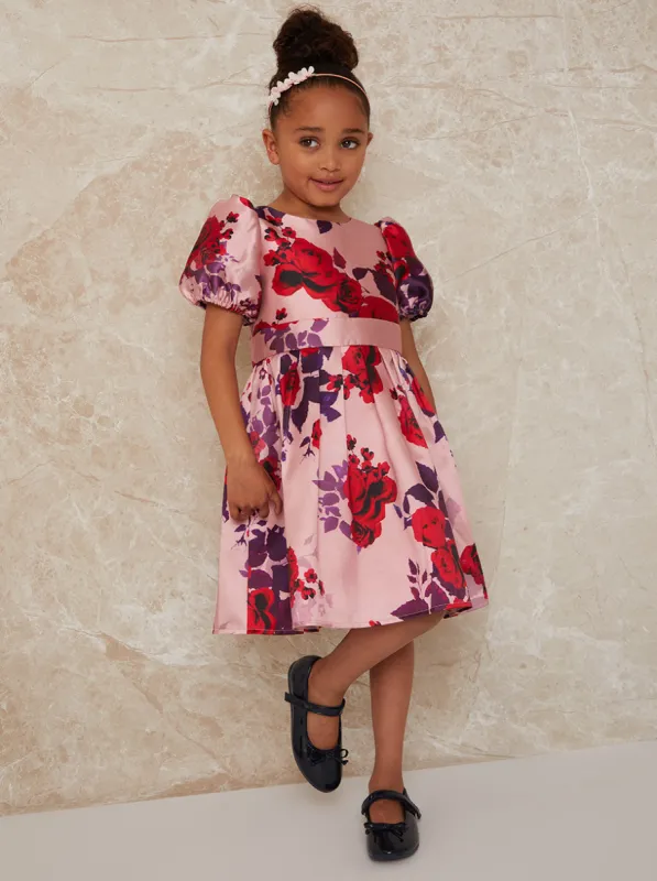 Girls Puff Sleeve Floral Midi Dress in Blush sold by Chi Chi London