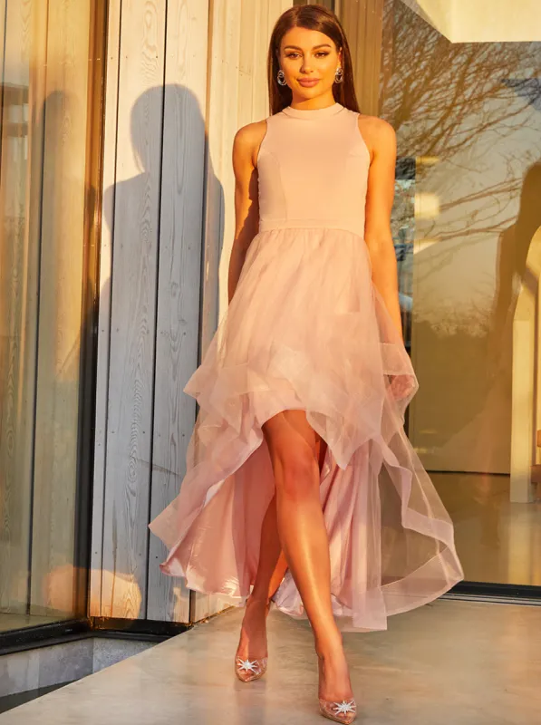 Dip Hem High Neck Dress with Tulle Skirt in Pink sold by Chi Chi London