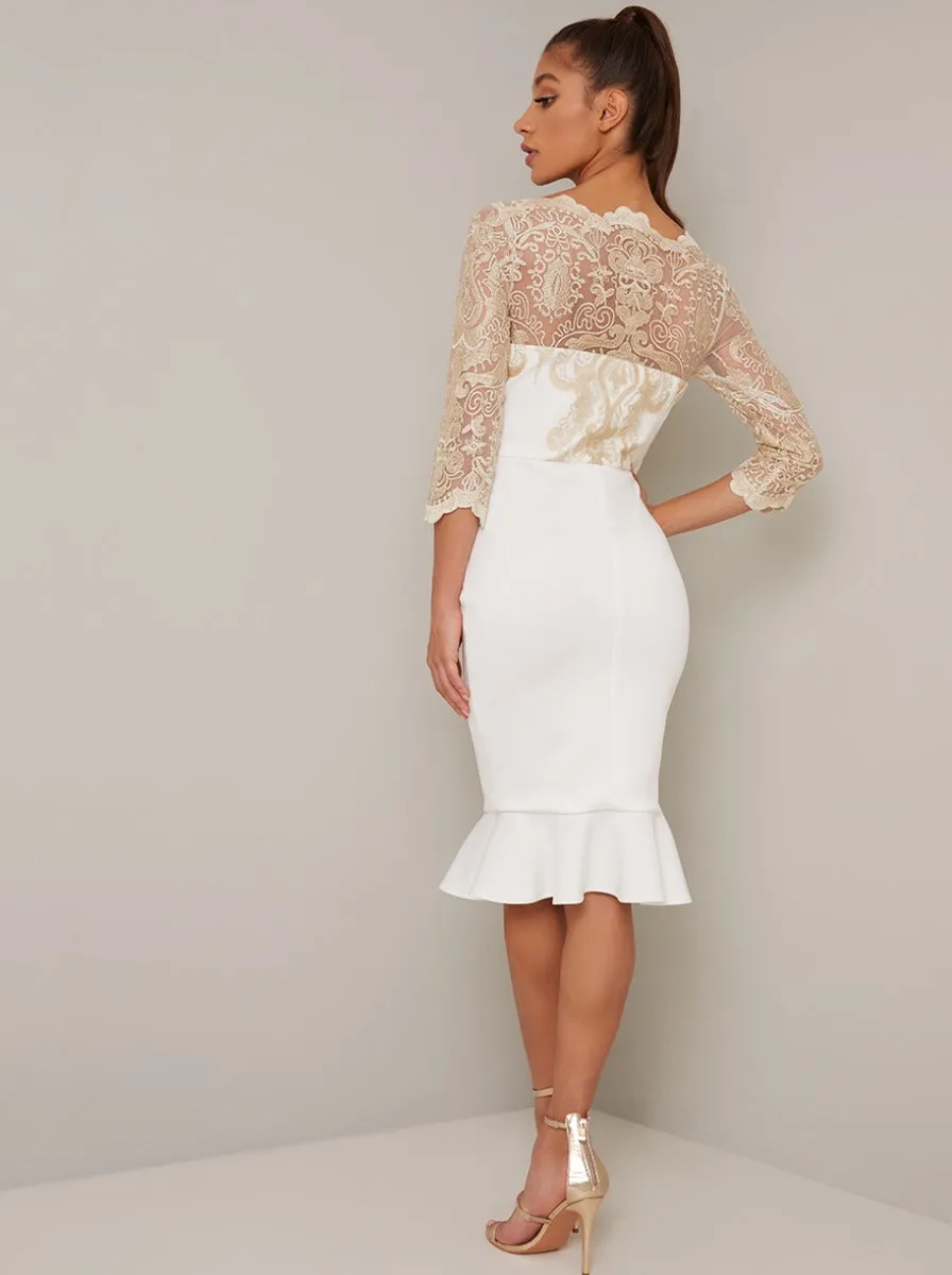 Embroidered Bodycon Peplum Hem Midi Dress in Cream sold by Chi Chi London product image thumbnail 4
