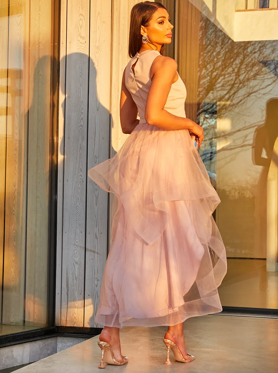 Dip Hem High Neck Dress with Tulle Skirt in Pink sold by Chi Chi London product image thumbnail 3