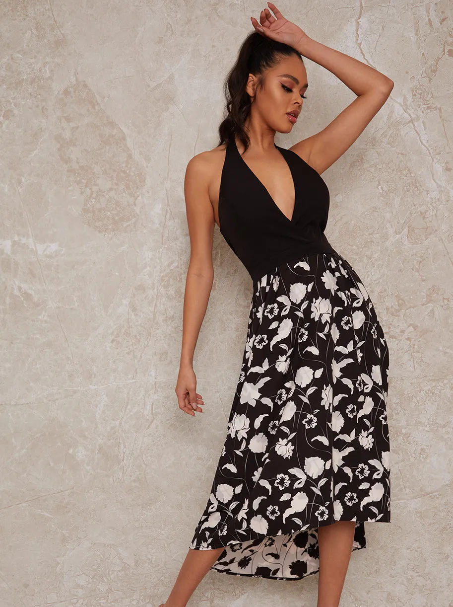 Halterneck Floral Dip Hem Dress in Monochrome sold by Chi Chi London product image thumbnail 2