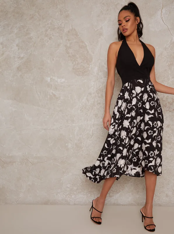 Halterneck Floral Dip Hem Dress in Monochrome sold by Chi Chi London