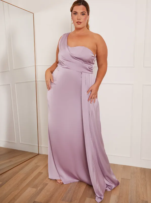 Plus Size One Shoulder Satin Maxi Dress in Lilac sold by Chi Chi London
