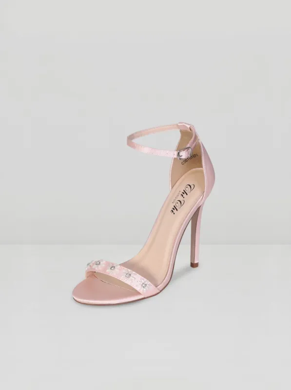 Flower Detail High Heel Strappy Sandal in Pink sold by Chi Chi London