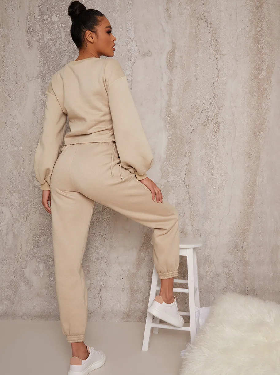 Ruched Detail Sweatshirt & Jogger Loungewear Set in Biege sold by Chi Chi London product image thumbnail 4