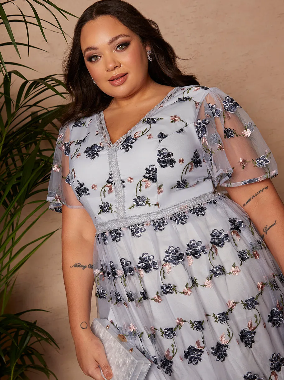 Plus Size V Neck Floral Embroidered Lace Midi Dress in Blue sold by Chi Chi London product image thumbnail 3
