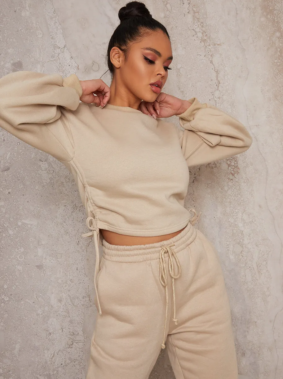 Ruched Detail Sweatshirt & Jogger Loungewear Set in Biege sold by Chi Chi London product image thumbnail 3