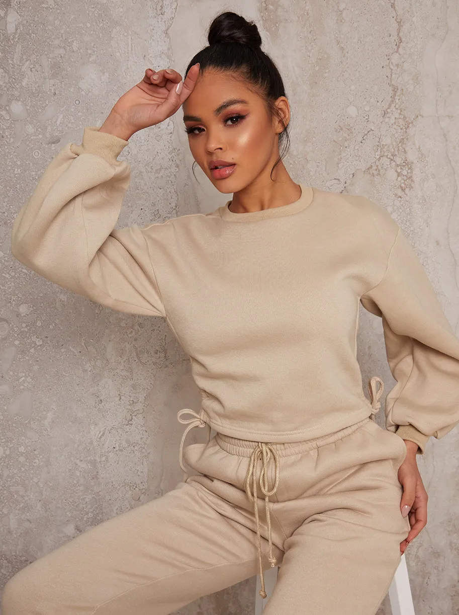 Ruched Detail Sweatshirt & Jogger Loungewear Set in Biege sold by Chi Chi London product image thumbnail 2