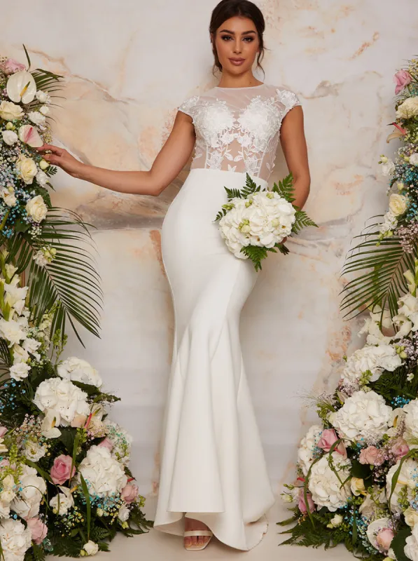Sheer Floral Lace Wedding Dress in White made by Chi Chi London