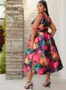 Plus Size Sleeveless Floral Fit and Flare Midi Dress in Navy sold by Chi Chi London