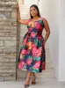 Plus Size Sleeveless Floral Fit and Flare Midi Dress in Navy sold by Chi Chi London