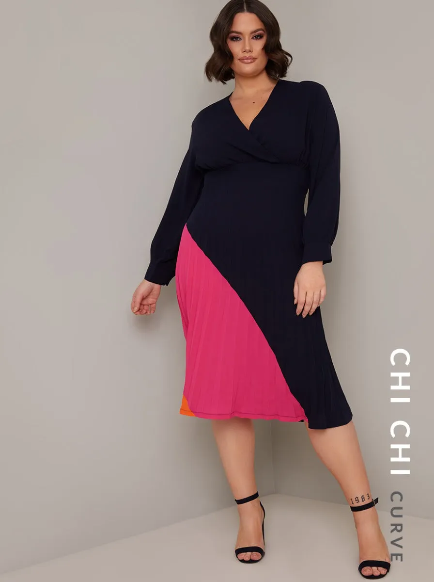 Plus Size Long Sleeved Colour Block Midi Dress in Blue sold by Chi Chi London product image thumbnail 2