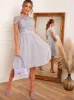 Lace Bodice Pleated Midi Dress in Blue sold by Chi Chi London
