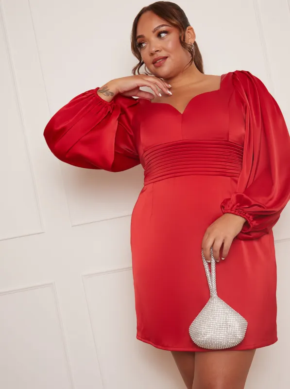 Plus Size Balloon Sleeve Plunge Bodycon Dress in Red sold by Chi Chi London