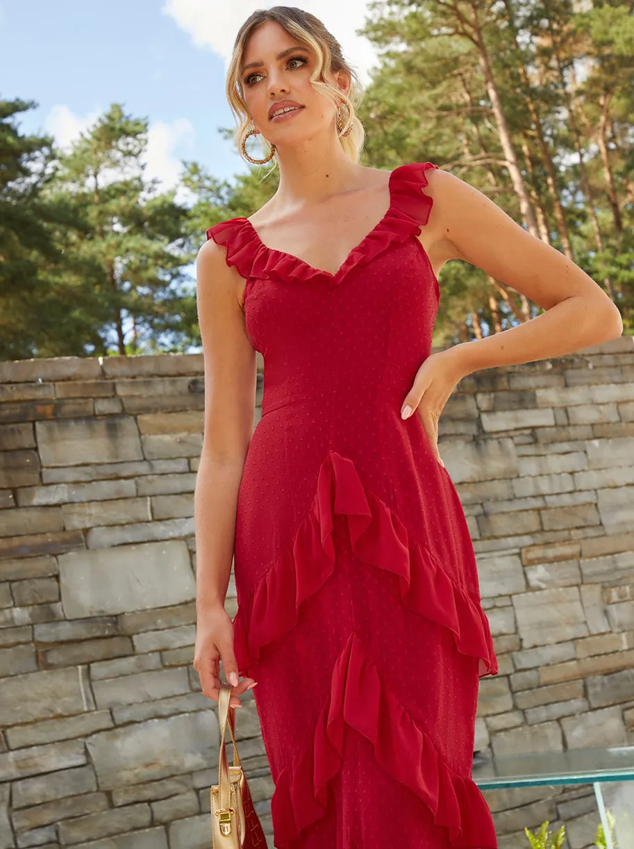 V Neck Sleeveless Ruffle Detail Dobby Maxi Dress in Red sold by Chi Chi London product image thumbnail 3