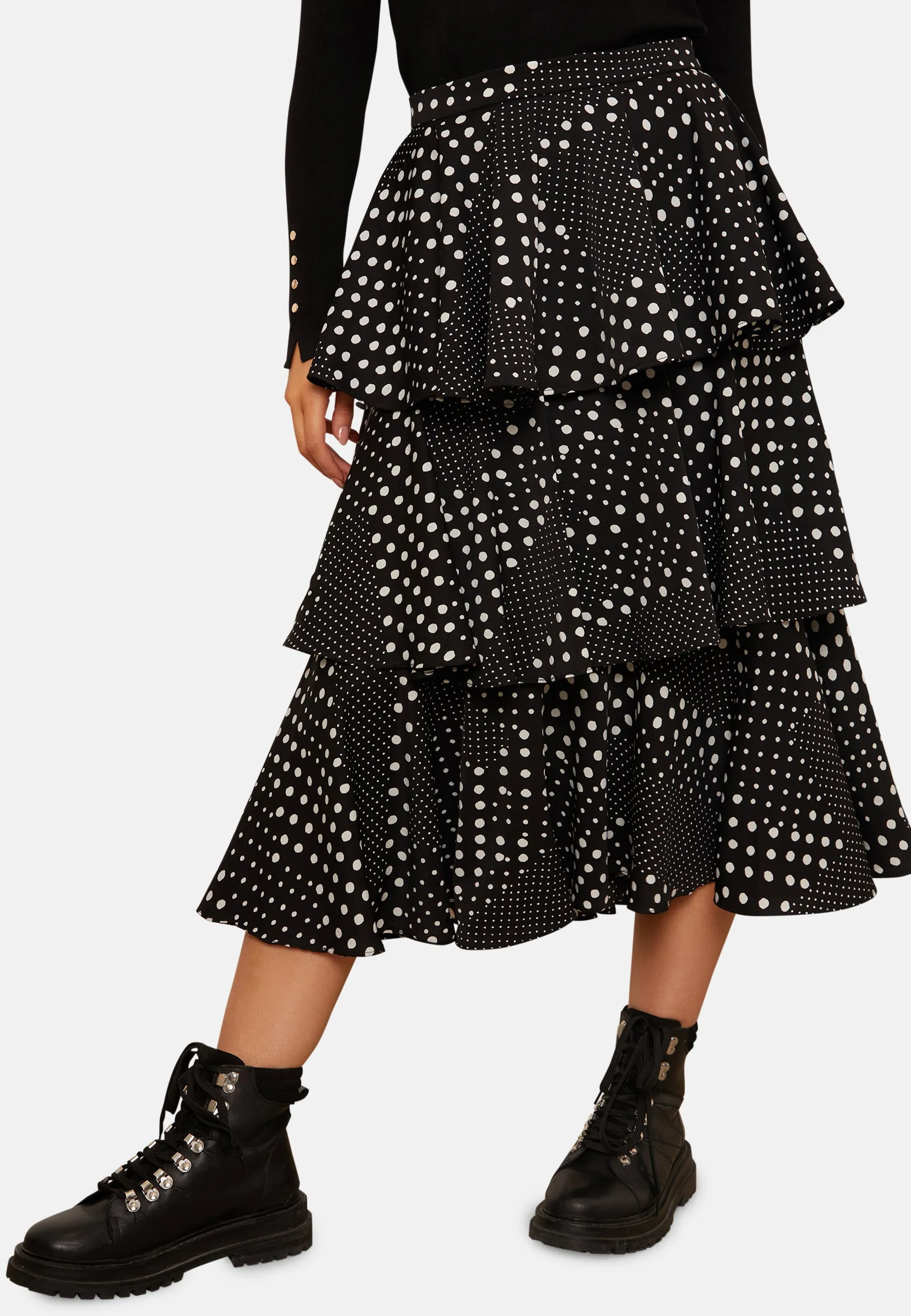 High Waist Tiered Polka Dot Print Midi Skirt in Black sold by Chi Chi London product image thumbnail 5