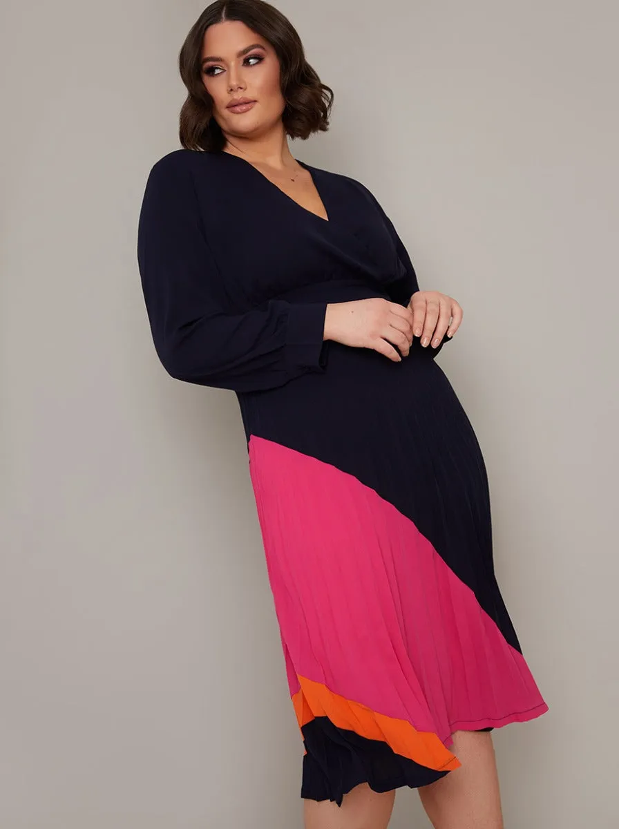 Plus Size Long Sleeved Colour Block Midi Dress in Blue sold by Chi Chi London
