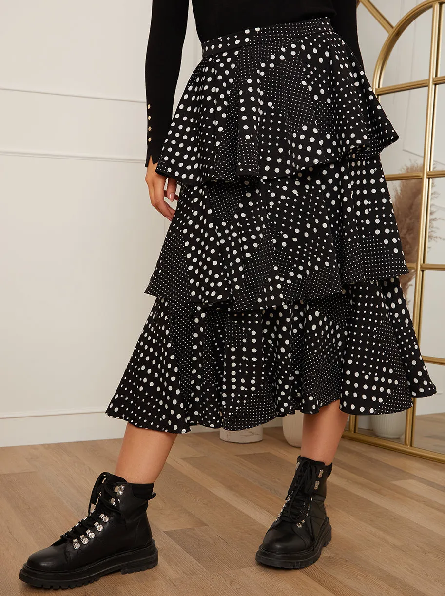 High Waist Tiered Polka Dot Print Midi Skirt in Black sold by Chi Chi London product image thumbnail 2