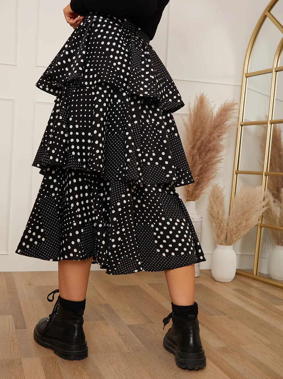 High Waist Tiered Polka Dot Print Midi Skirt in Black sold by Chi Chi London product image thumbnail 3