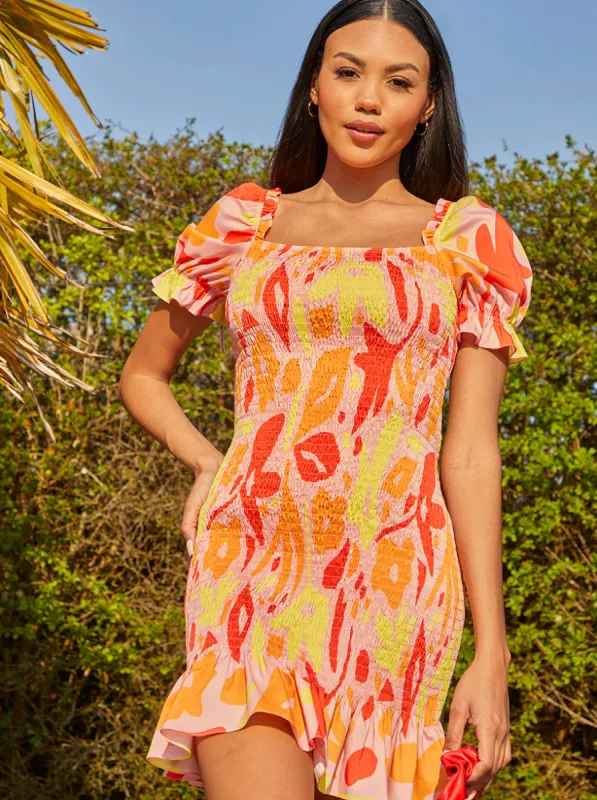Ruffle Shirred Abstract Print Mini Dress in Orange sold by Chi Chi London
