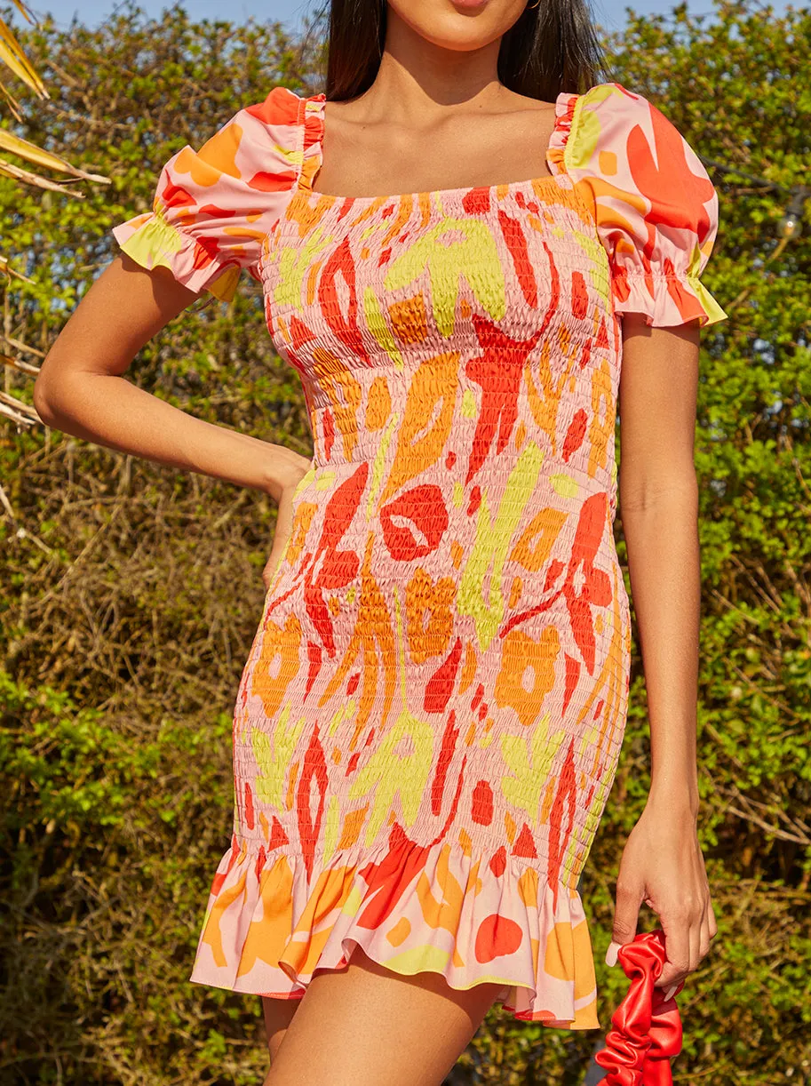 Ruffle Shirred Abstract Print Mini Dress in Orange sold by Chi Chi London product image thumbnail 3