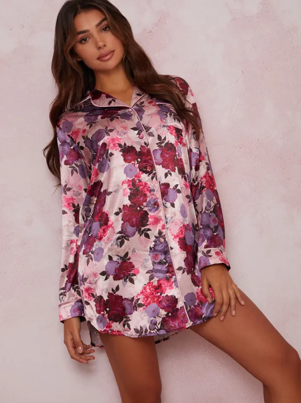 Floral Night Shirt Dress Set in Blush made by Chi Chi London