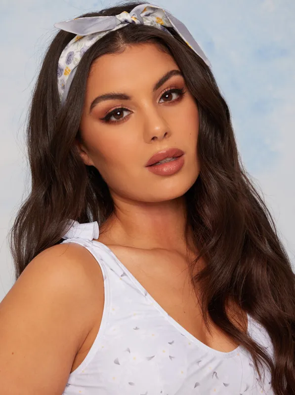 Floral Print Satin Hair Scarf in Blue sold by Chi Chi London