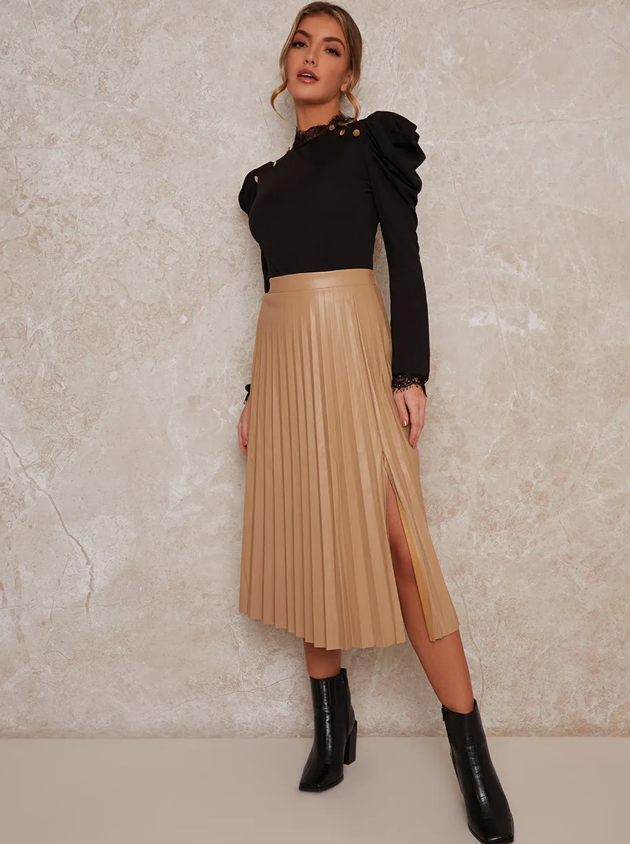 Leather Pleated Skirt with Side Split in Beige sold by Chi Chi London