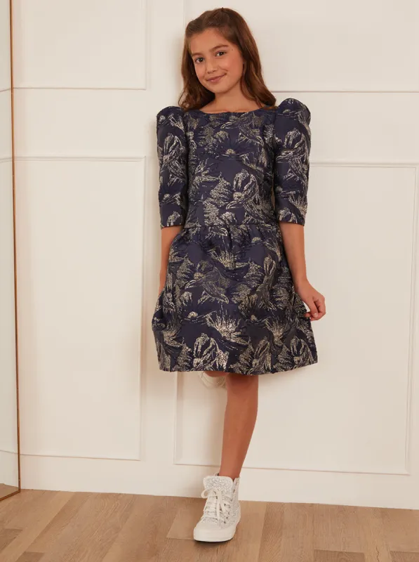 Older Girls Long Sleeve Jacquard Mini Dress in Navy sold by Chi Chi London