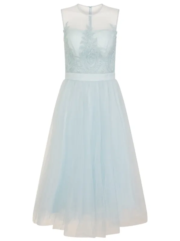 Embroidered Tulle Midi Dress in Blue sold by Chi Chi London