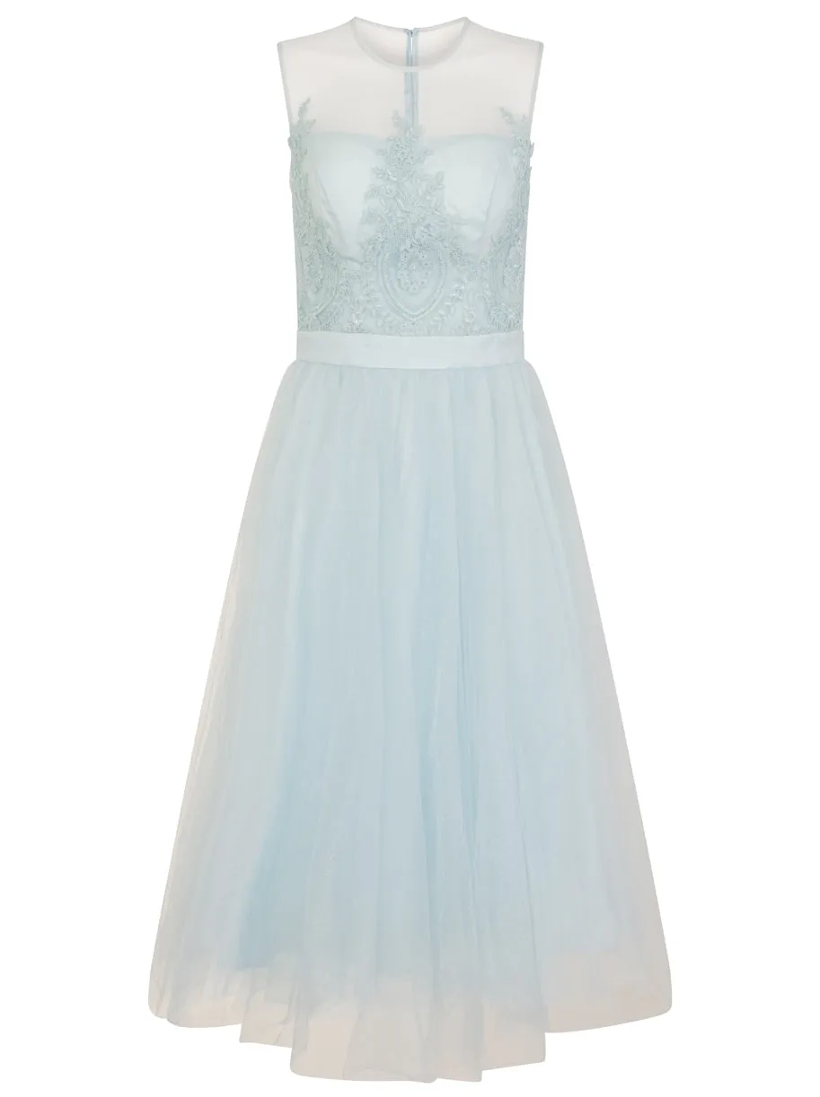 Embroidered Tulle Midi Dress in Blue sold by Chi Chi London