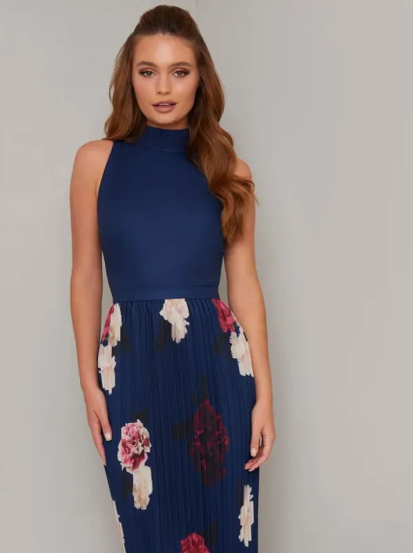 Tall Contrast Floral Pleat Detail Maxi Dress in Blue sold by Chi Chi London