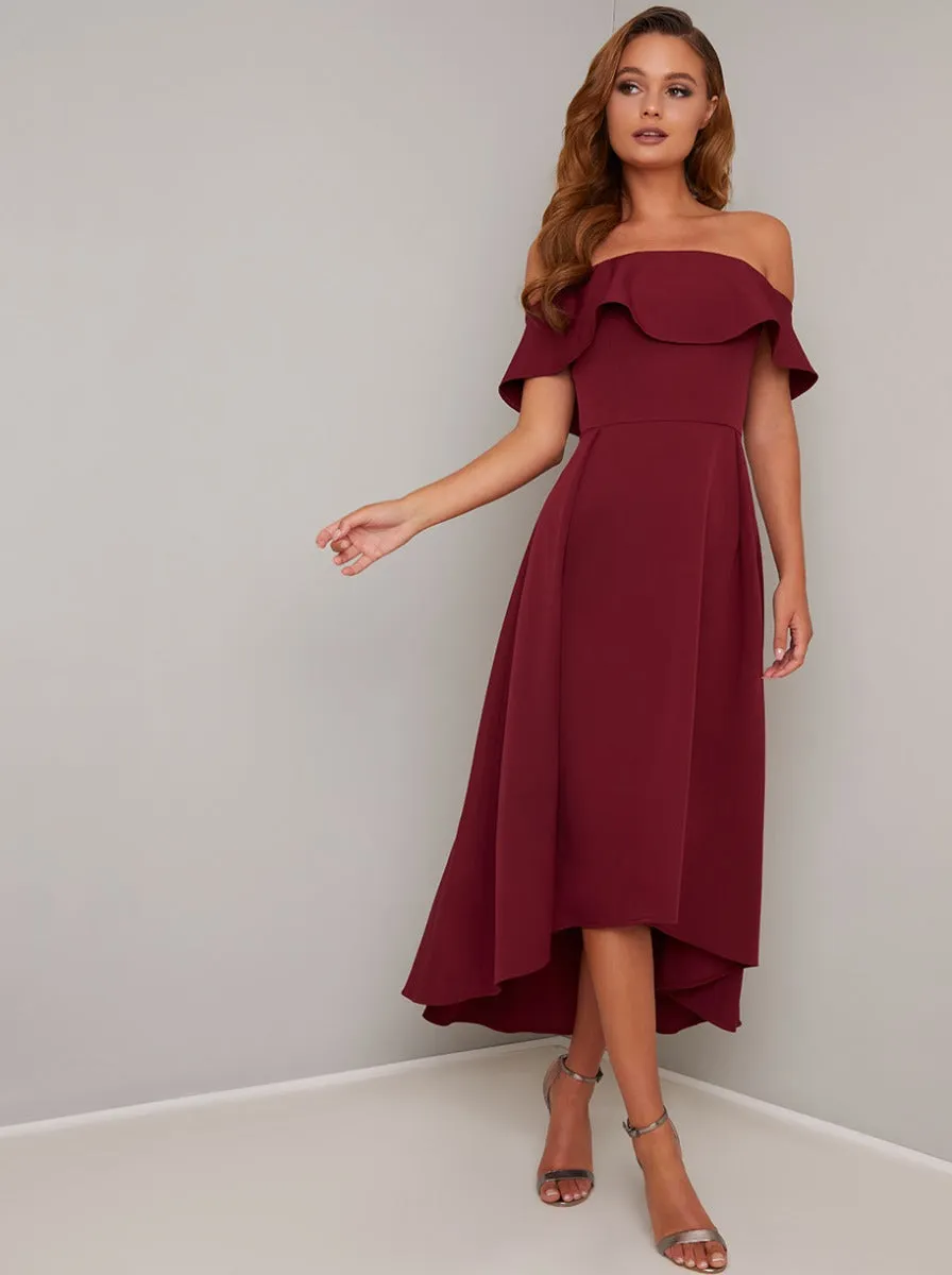 Bardot Dip Hem Midi Dress in Red sold by Chi Chi London