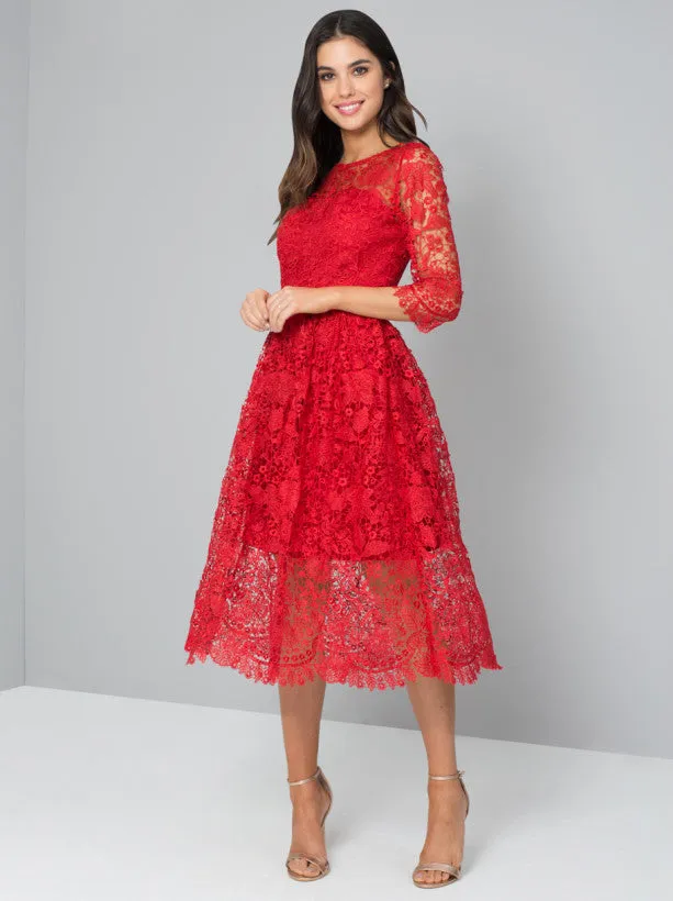 Crochet 3/4 Sleeved Midi Party Dress in Red sold by Chi Chi London product image thumbnail 4