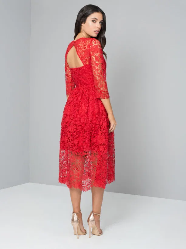 Crochet 3/4 Sleeved Midi Party Dress in Red sold by Chi Chi London product image thumbnail 2