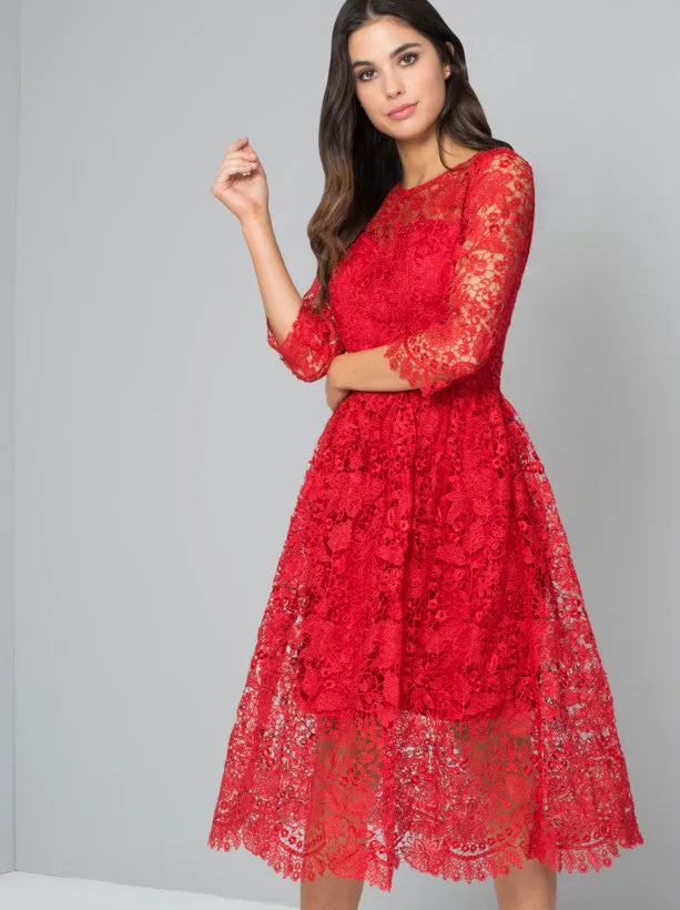 Crochet 3/4 Sleeved Midi Party Dress in Red sold by Chi Chi London