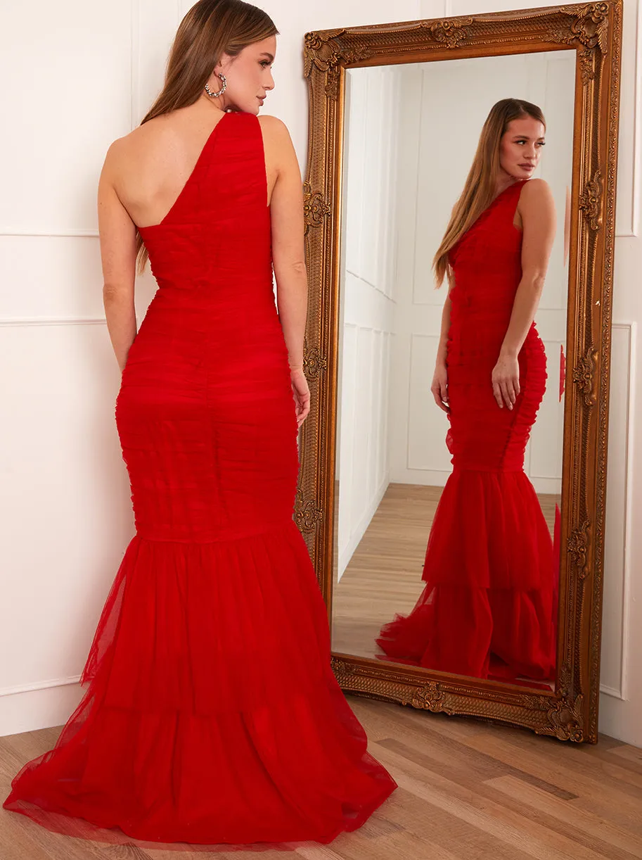Petite One Shoulder Mesh Ruched Maxi Dress in Red sold by Chi Chi London product image thumbnail 3