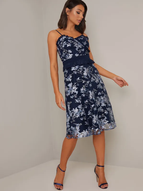 Cami Strap Lace Midi Dress in Blue sold by Chi Chi London