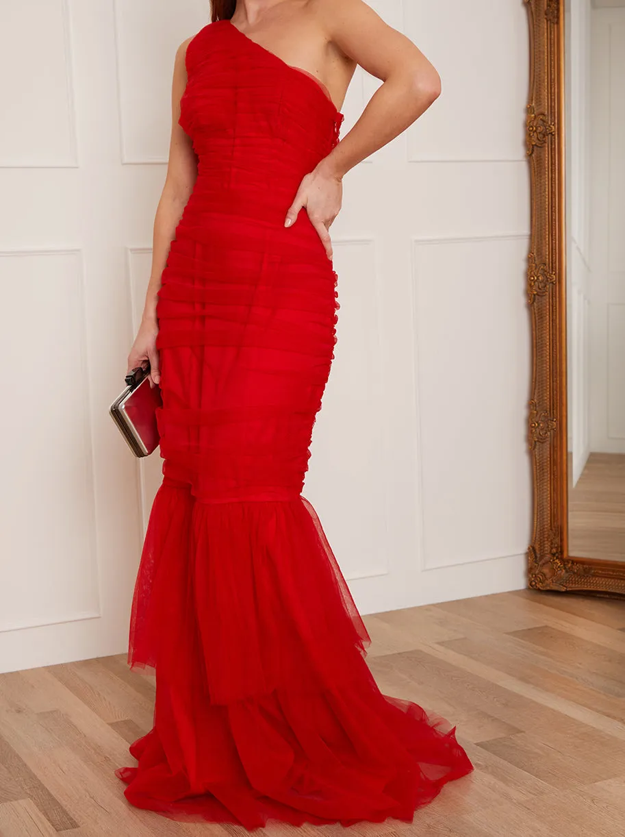 Petite One Shoulder Mesh Ruched Maxi Dress in Red sold by Chi Chi London product image thumbnail 4