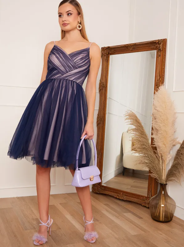 Petite Mesh Detail Skater Midi Dress in Navy sold by Chi Chi London