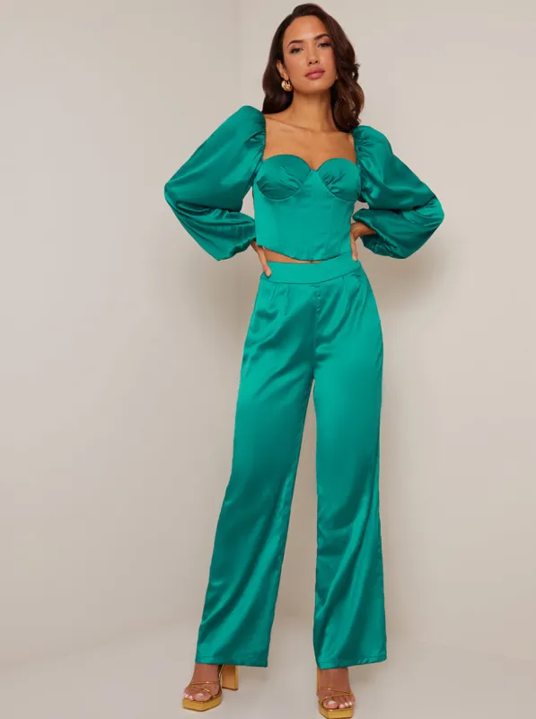 Satin Wide Leg Trousers in Green sold by Chi Chi London