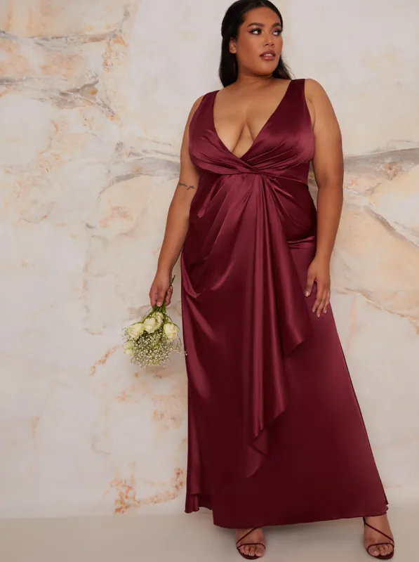 Plus Size Satin Wrap Maxi Dress in Berry sold by Chi Chi London