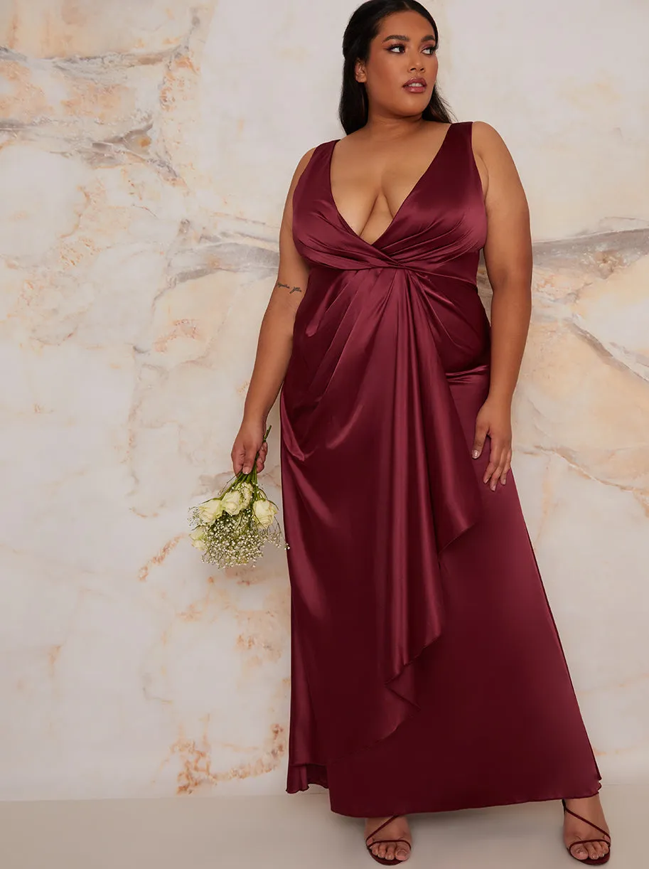 Plus Size Satin Wrap Maxi Dress in Berry sold by Chi Chi London