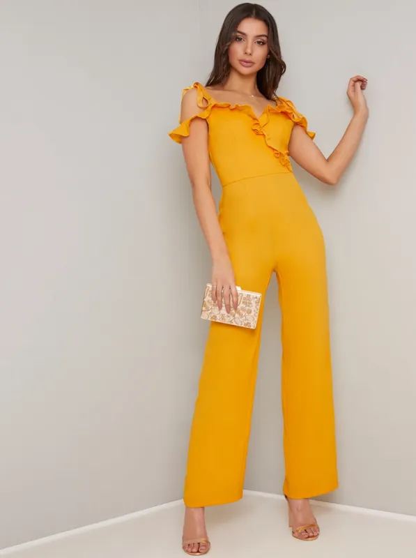 Ruffle Design Wide Leg Jumpsuit in Yellow sold by Chi Chi London