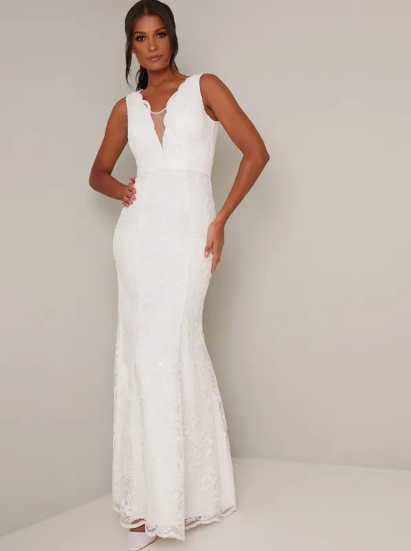 Bridal Lace Bodycon Maxi Dress in White sold by Chi Chi London