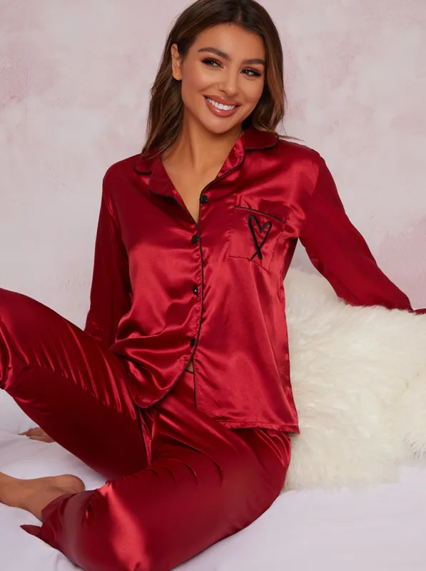 Satin Heart Design Pyjamas in Red sold by Chi Chi London